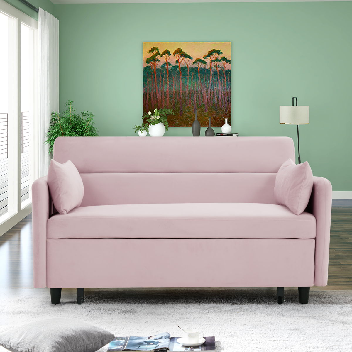 Sofa Pull-Out Bed Includes Two Pillows Pink Velvet Sofa With Small Space