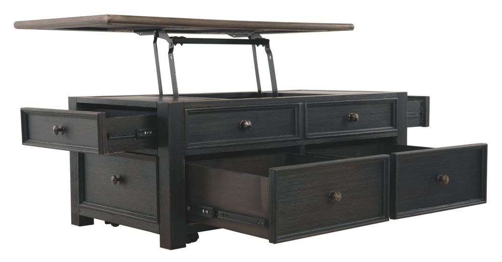 Dark gray lift-top cocktail table with open top, showing storage compartments and drawers.