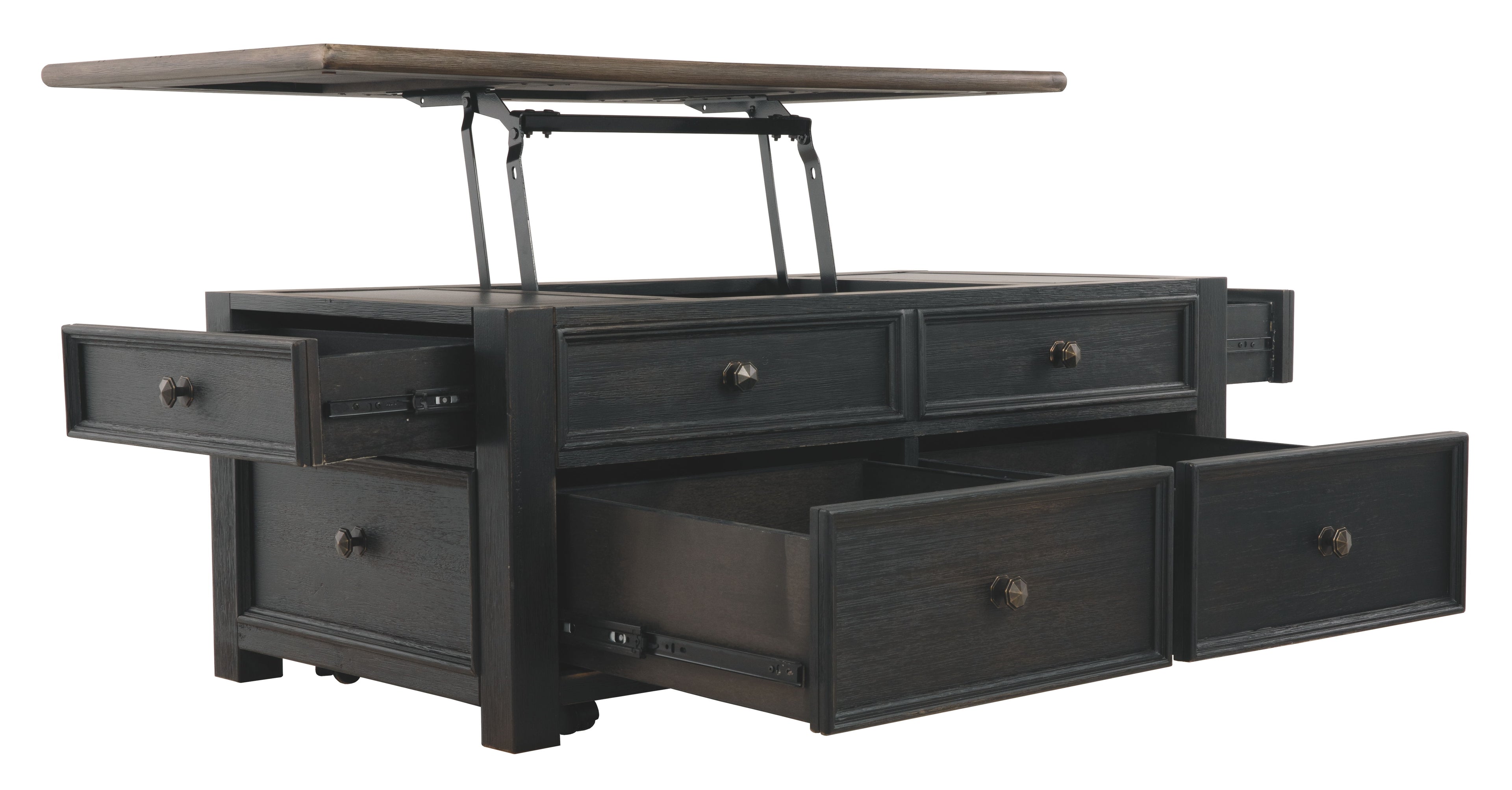 Dark gray lift-top cocktail table with open top, showing storage compartments and drawers.