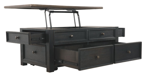 Dark gray lift-top cocktail table with open top, showing storage compartments and drawers.