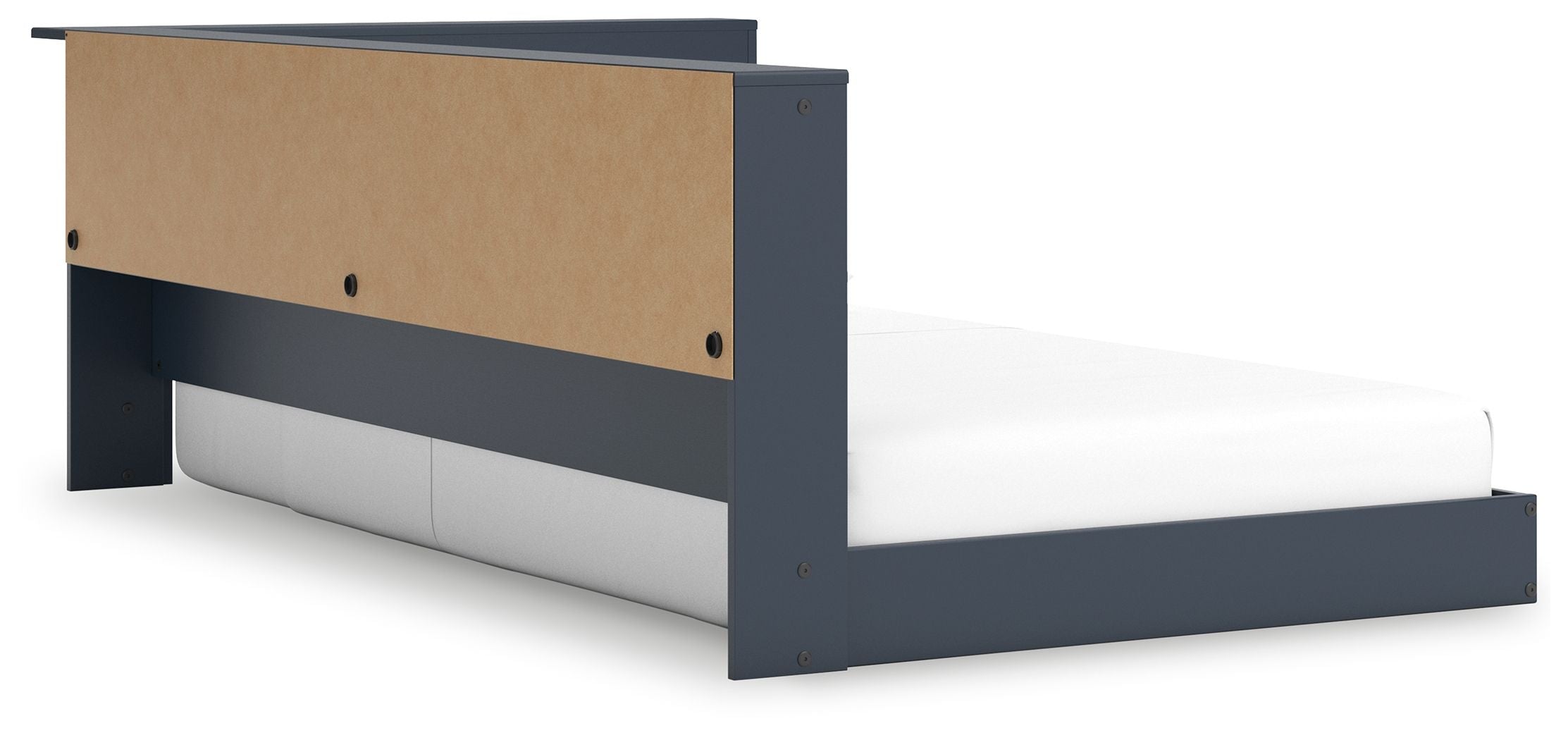 Blue bookcase storage bed with side panel open, showing wood back and white mattress