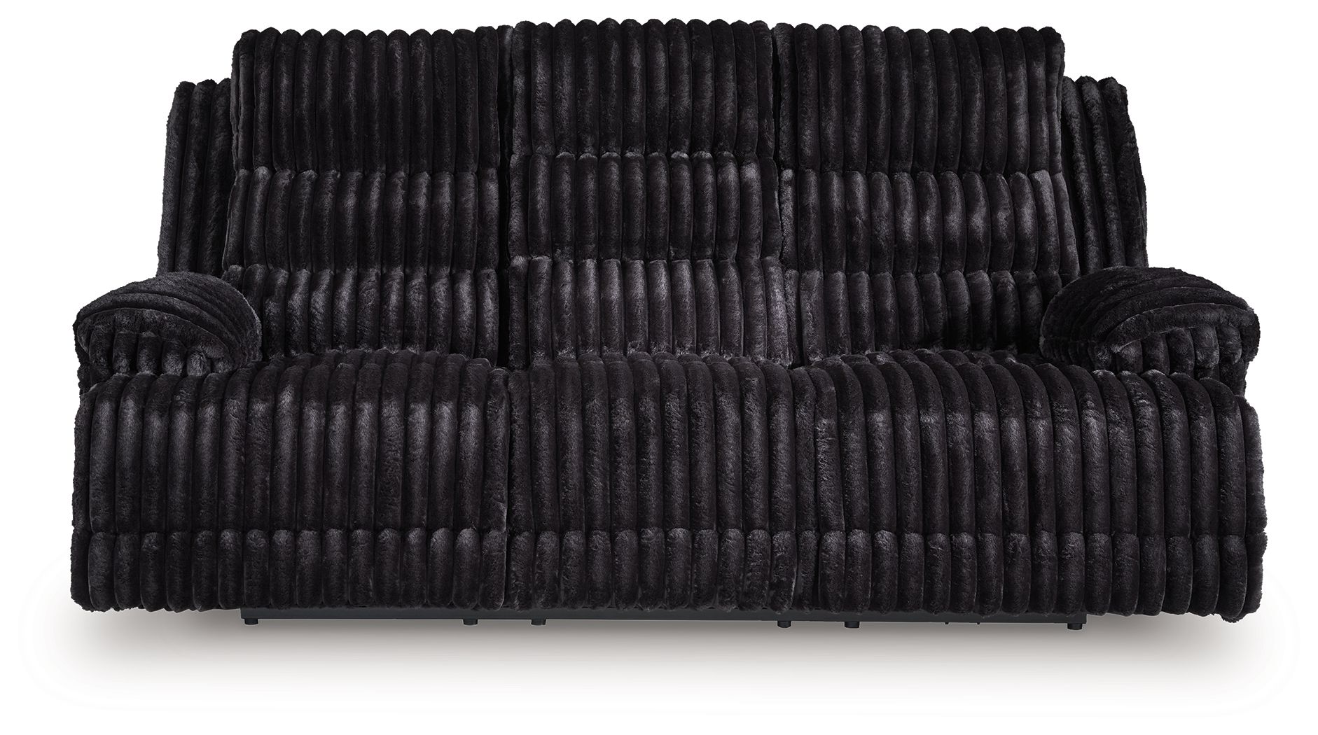 Black corduroy reclining sofa with padded arms and segmented seat back cushions