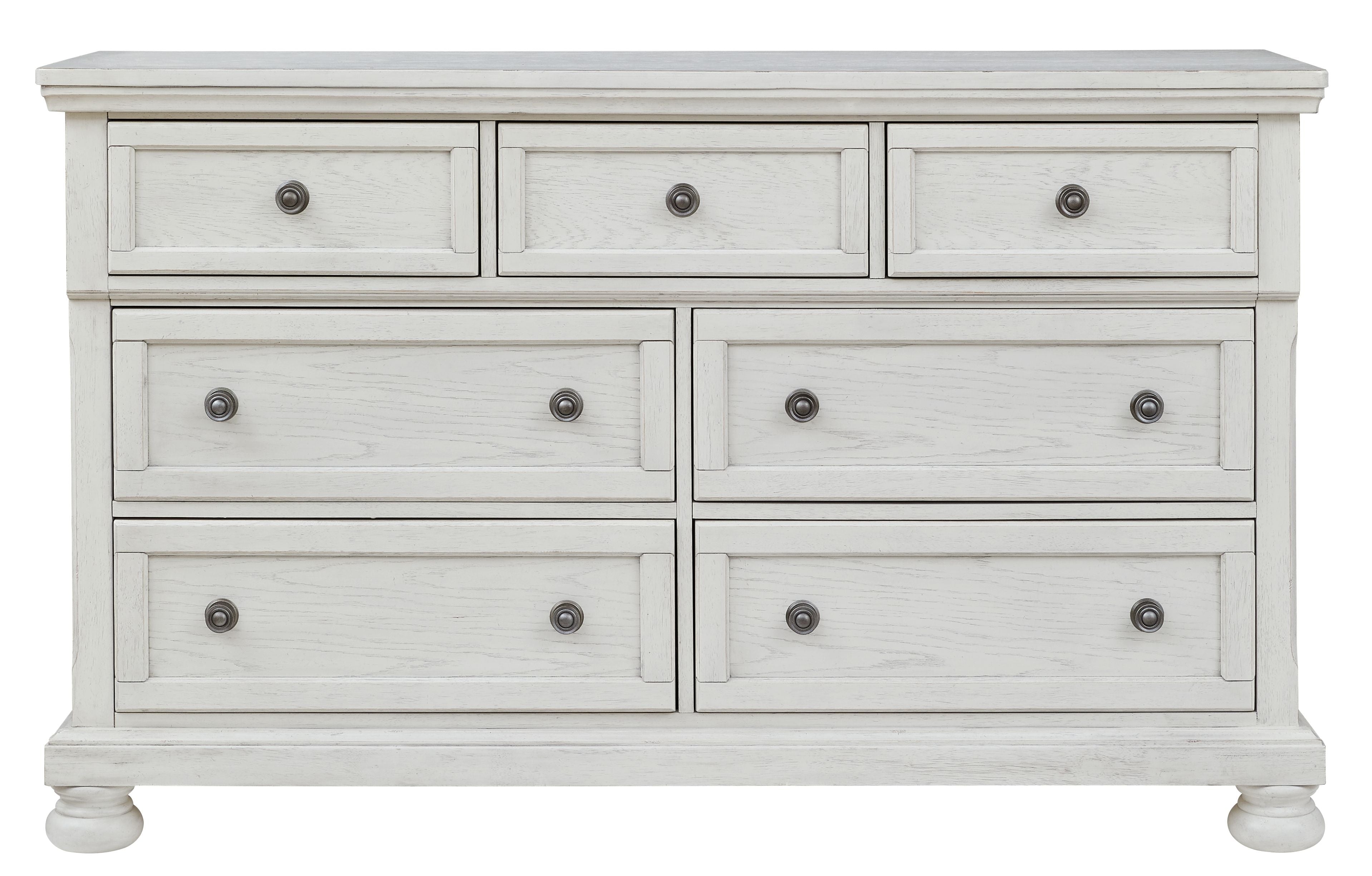 Antique white dresser with six drawers and round knob pulls, three top and three bottom.