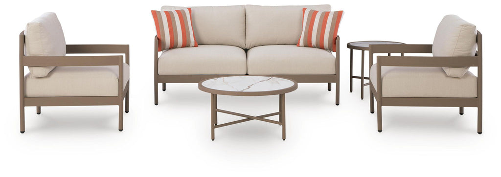 Beige patio furniture set with loveseat, two lounge chairs, and two round side tables