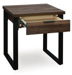 Rectangular dark brown table with drawer partially open and beige interior