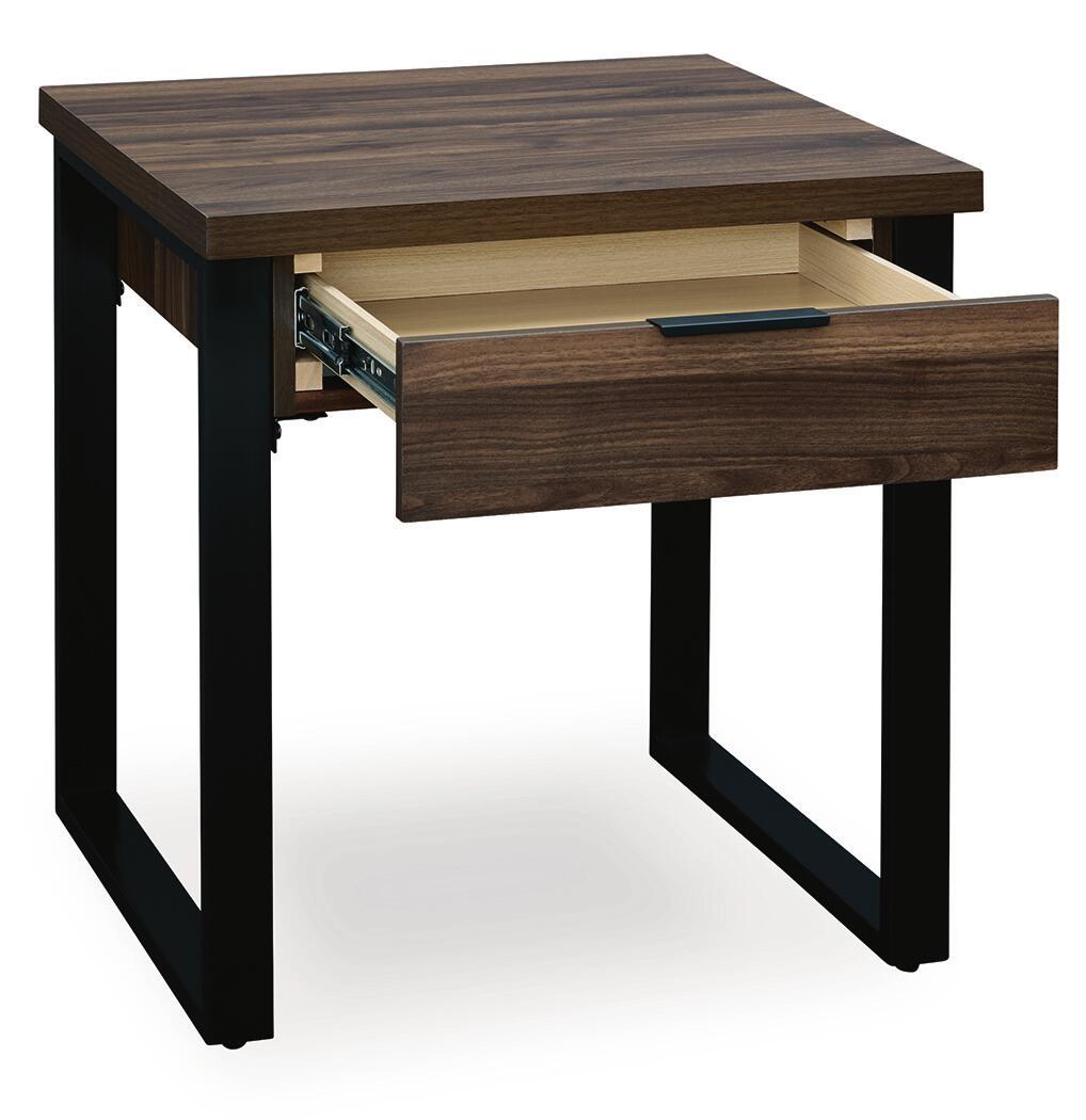 Rectangular dark brown table with drawer partially open and beige interior