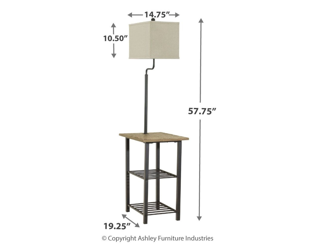 Black metal tray lamp, 57.75 in height, square beige shade, wire shelf