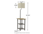 Black metal tray lamp, 57.75 in height, square beige shade, wire shelf