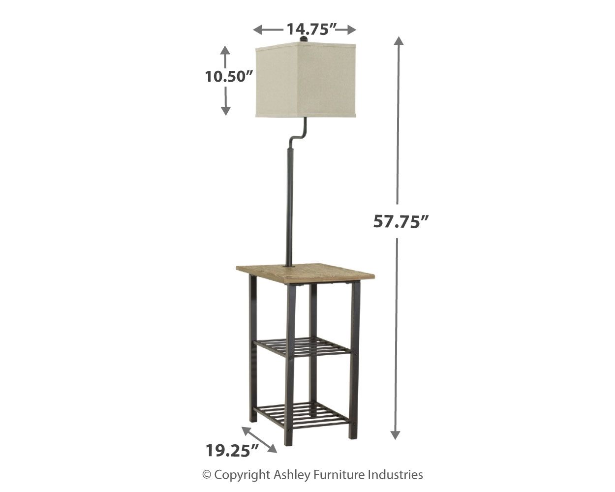 Black metal tray lamp, 57.75 in height, square beige shade, wire shelf