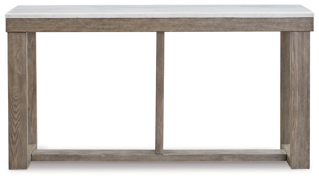 Sofa table with ivory top and brown wood frame, open shelf under tabletop