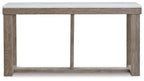 Sofa table with ivory top and brown wood frame, open shelf under tabletop