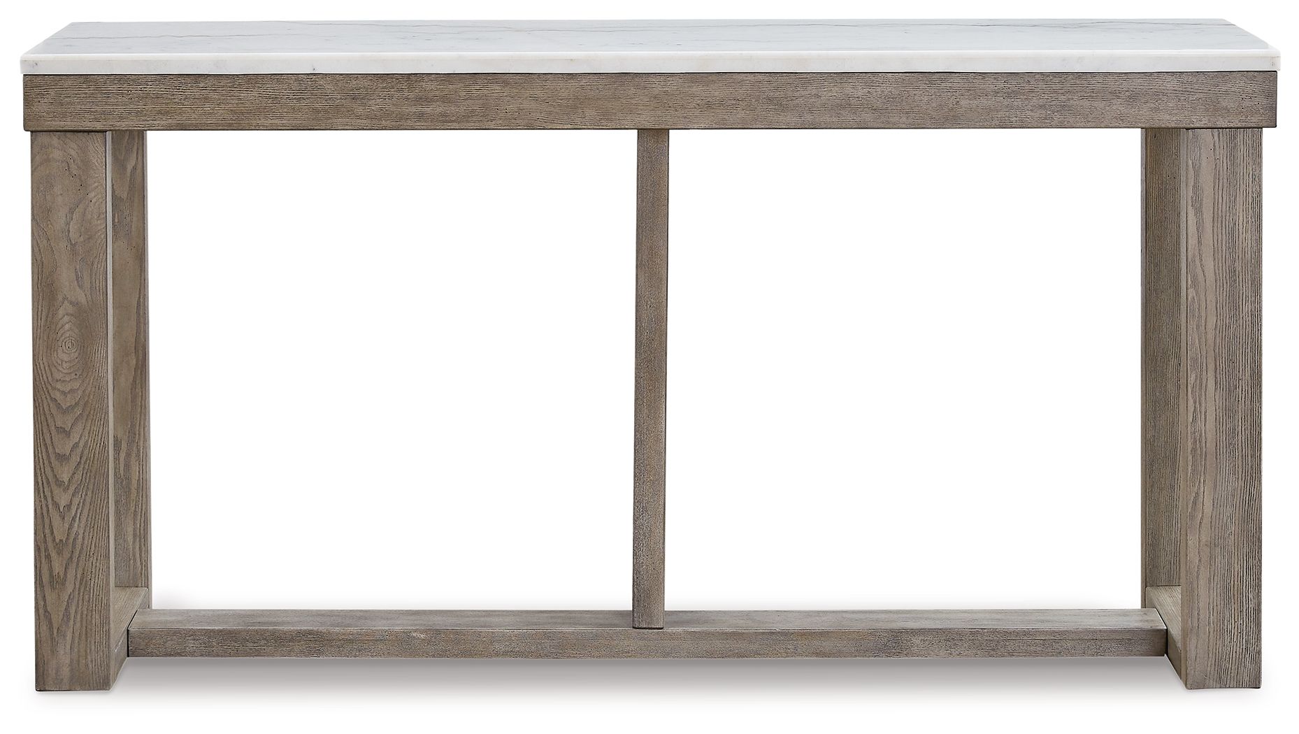 Sofa table with ivory top and brown wood frame, open shelf under tabletop