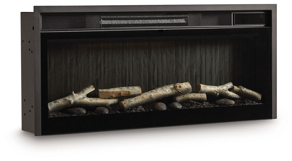 Black fireplace insert with faux birch log set and central burner grate.
