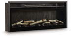 Black fireplace insert with faux birch log set and central burner grate.