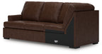 Coffee brown sofa with left corner wedge, padded arms and back, dark accent base