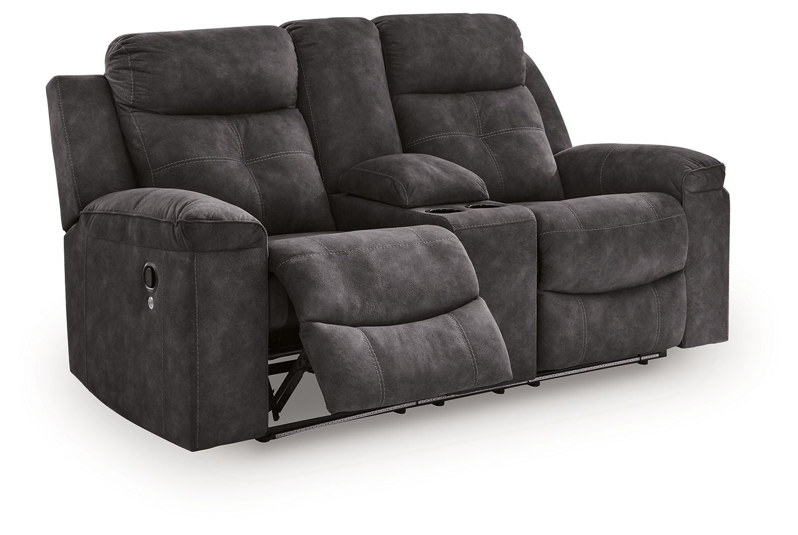 Charcoal double reclining loveseat with console and side control lever
