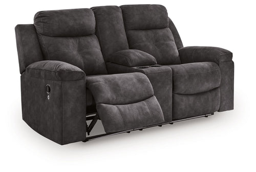 Charcoal double reclining loveseat with console and side control lever