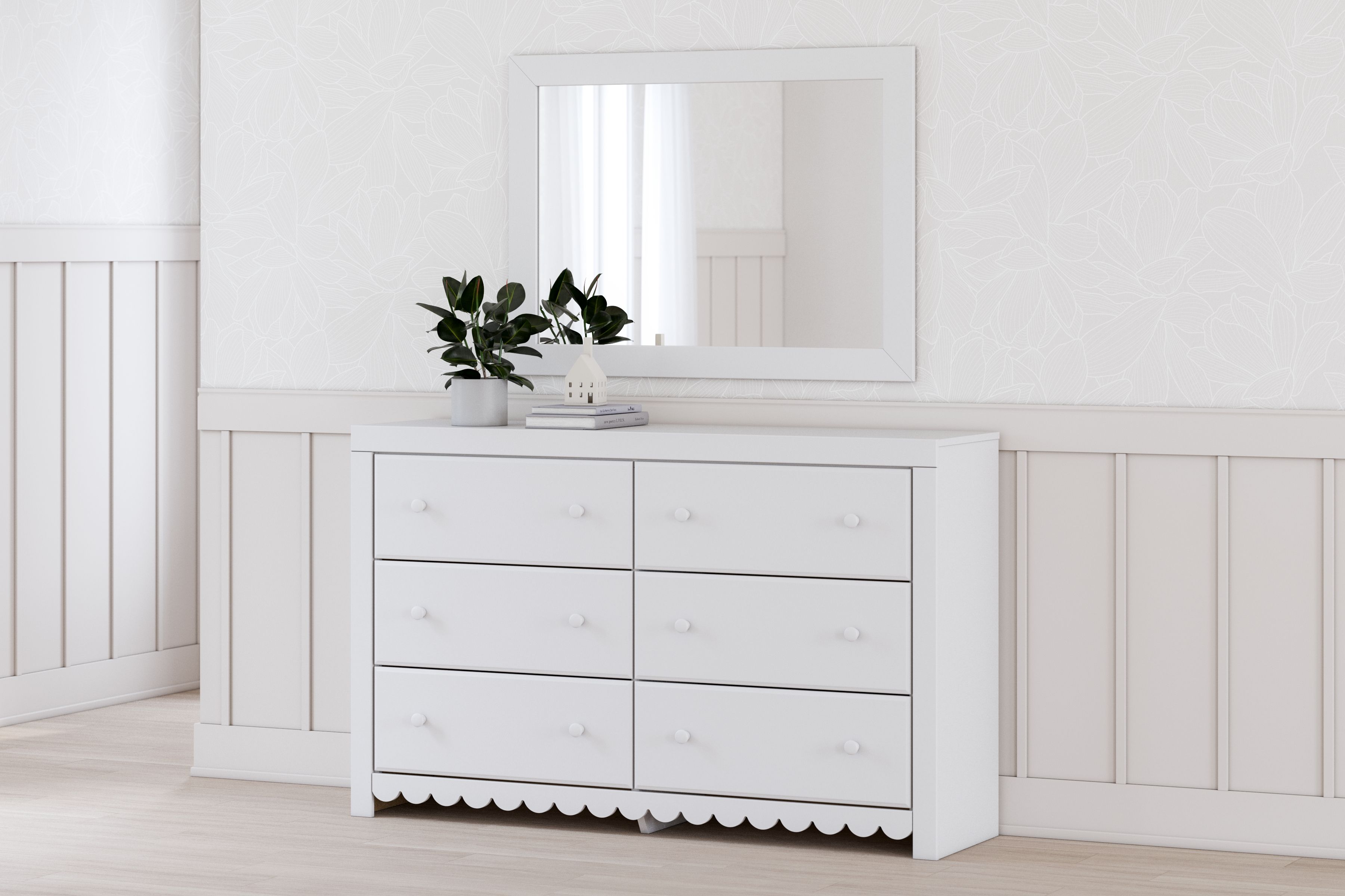 White dresser with mirror, six drawers with round knobs, scalloped apron