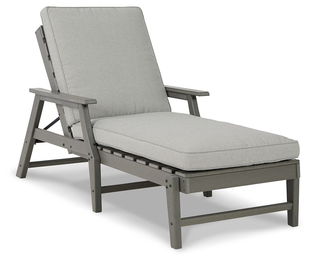 Gray chaise lounge chair with cushion, padded backrest and matching armrests