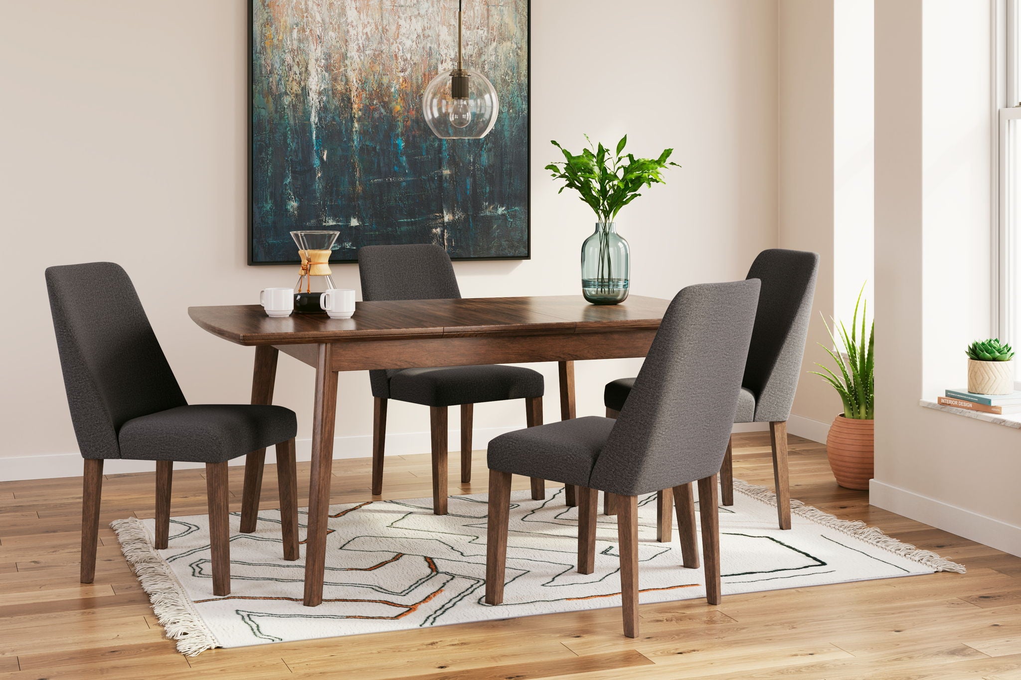 Dining table set with dark wood table and dark gray upholstered chairs