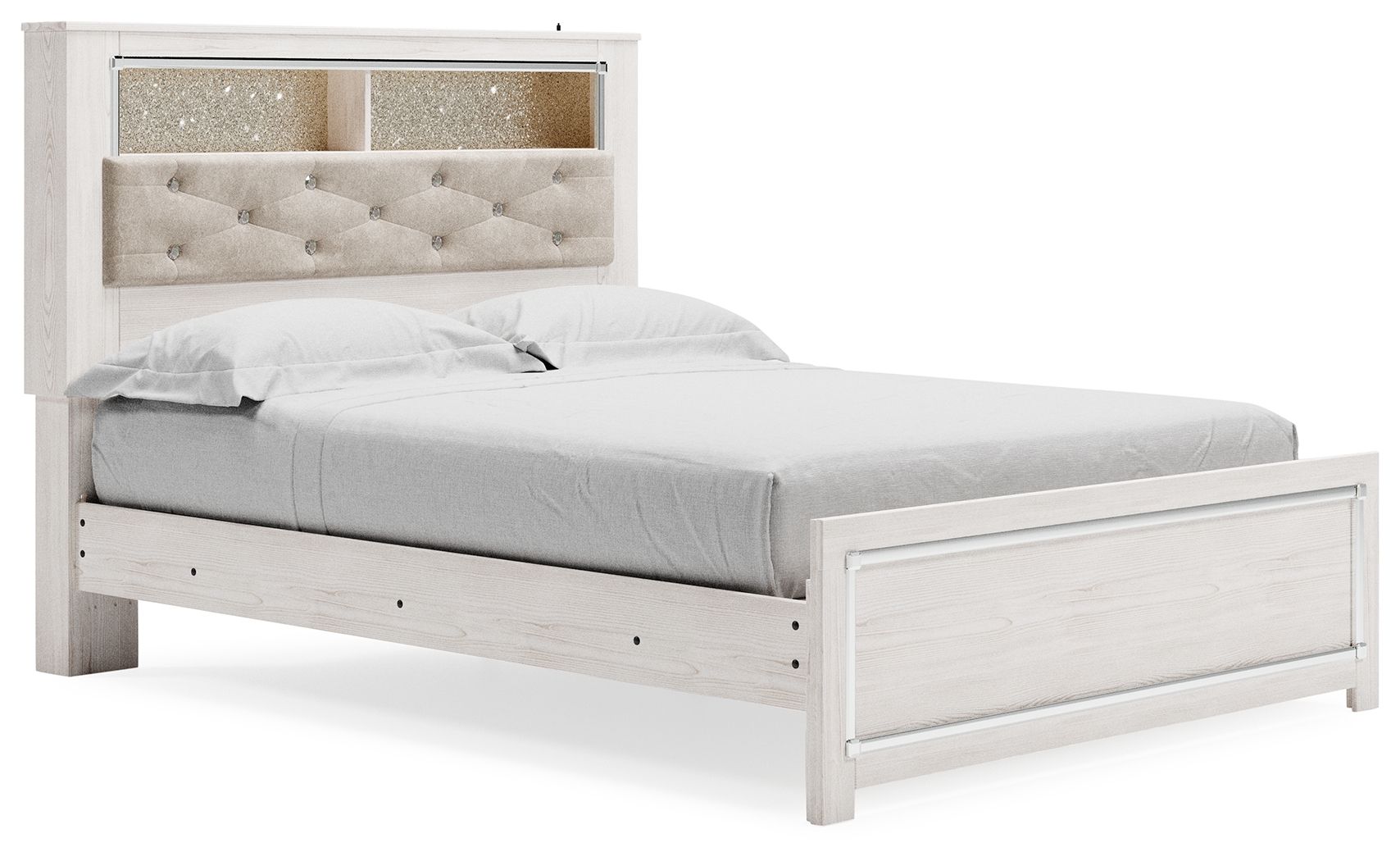 White queen bed footboard with panel design and low side rails