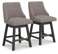 Set of 2 upholstered barstools, dark gray-brown fabric, rounded backrest, dark legs