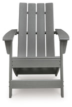 Gray Adirondack chair with slatted back and front support panel
