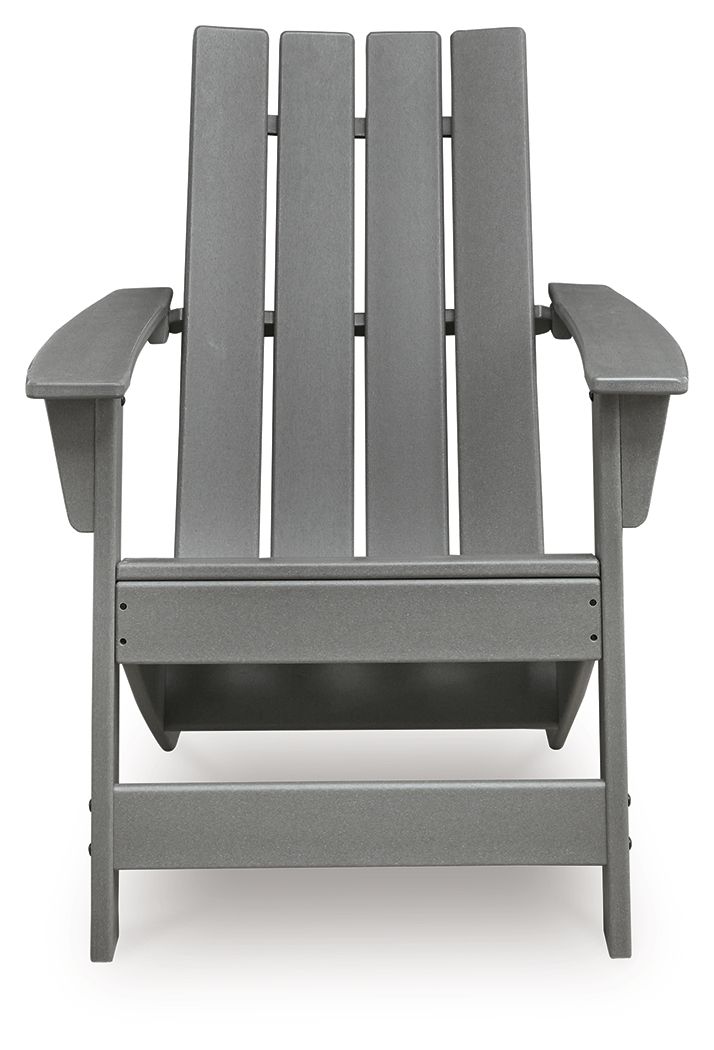 Gray Adirondack chair with slatted back and front support panel
