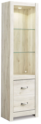 Whitewash glass-front cabinet with two drawers and metal bar handles