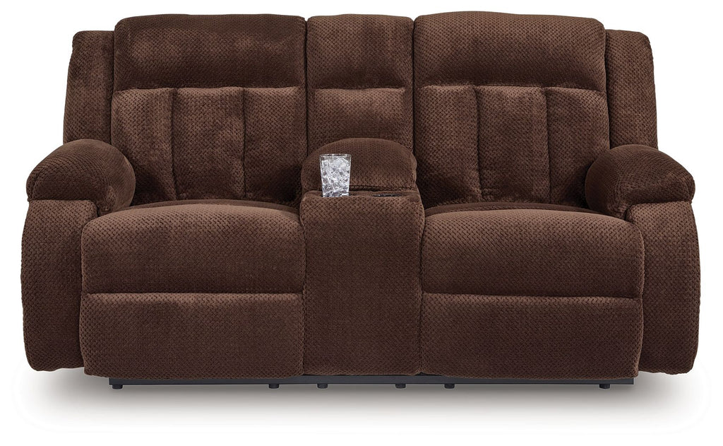 Chocolate brown double reclining loveseat with center console and padded arms