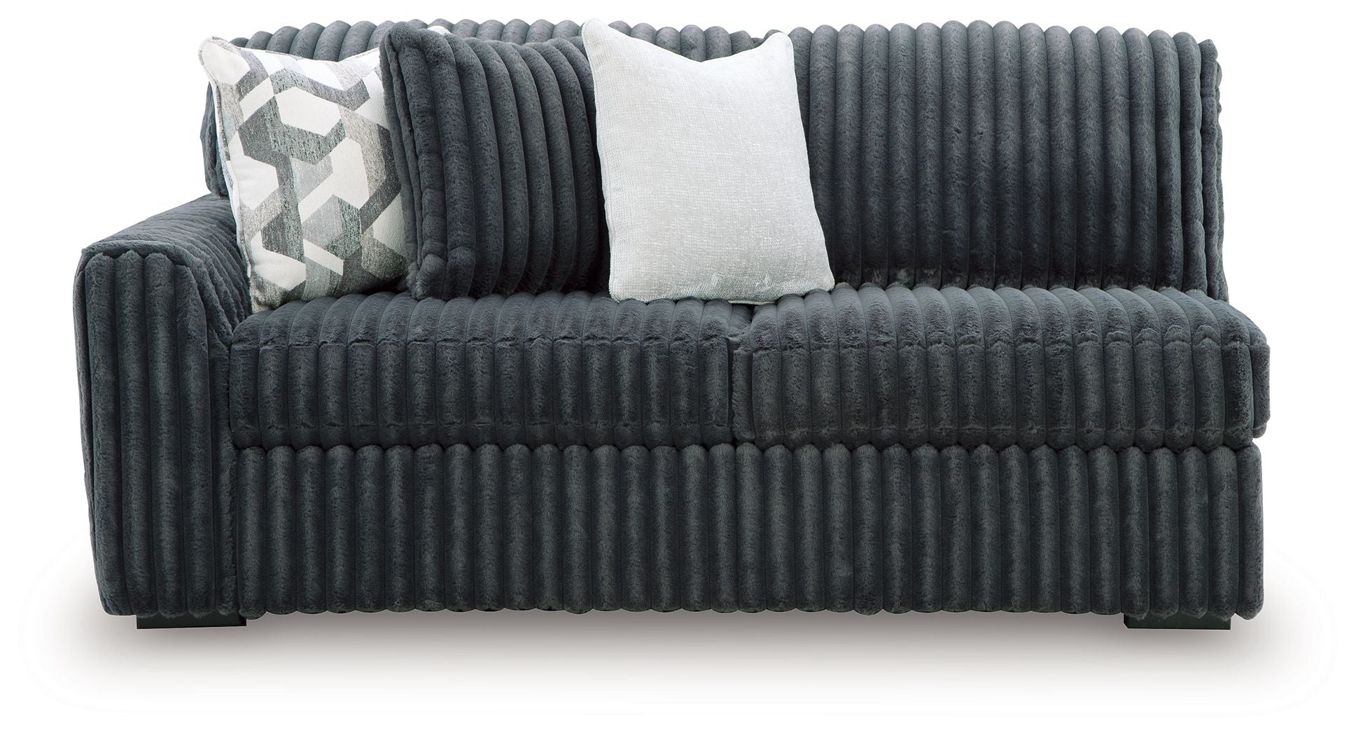 Ribbed corduroy sofa back view, gunmetal-gray upholstery, two throw pillows
