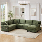 Green corduroy sectional sofa with chaise and movable ottoman, square arm cushions