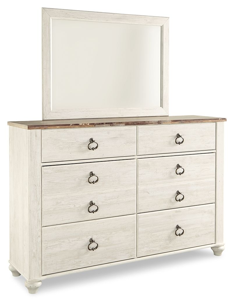 Beige dresser with rectangular mirror and six drawers, bronze knob hardware