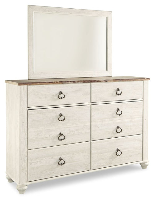 Beige dresser with rectangular mirror and six drawers, bronze knob hardware