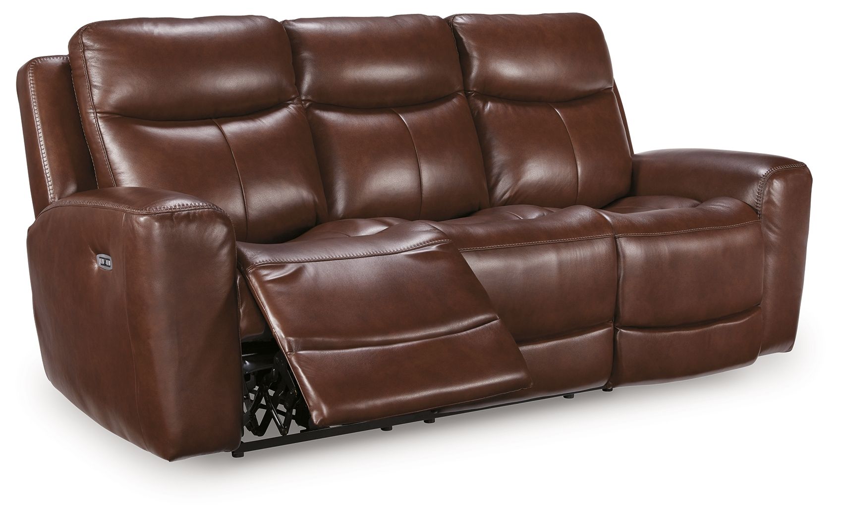 Dark brown power reclining sofa with adjustable headrests and padded armrests