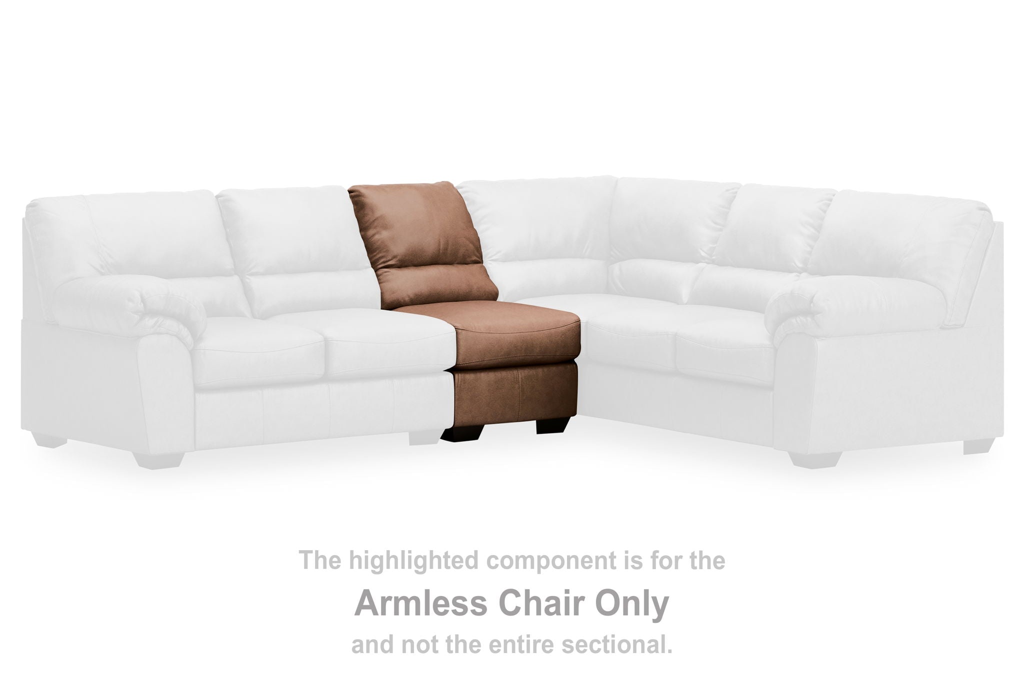 Caramel armless chair section with square seat and backrest, dark base