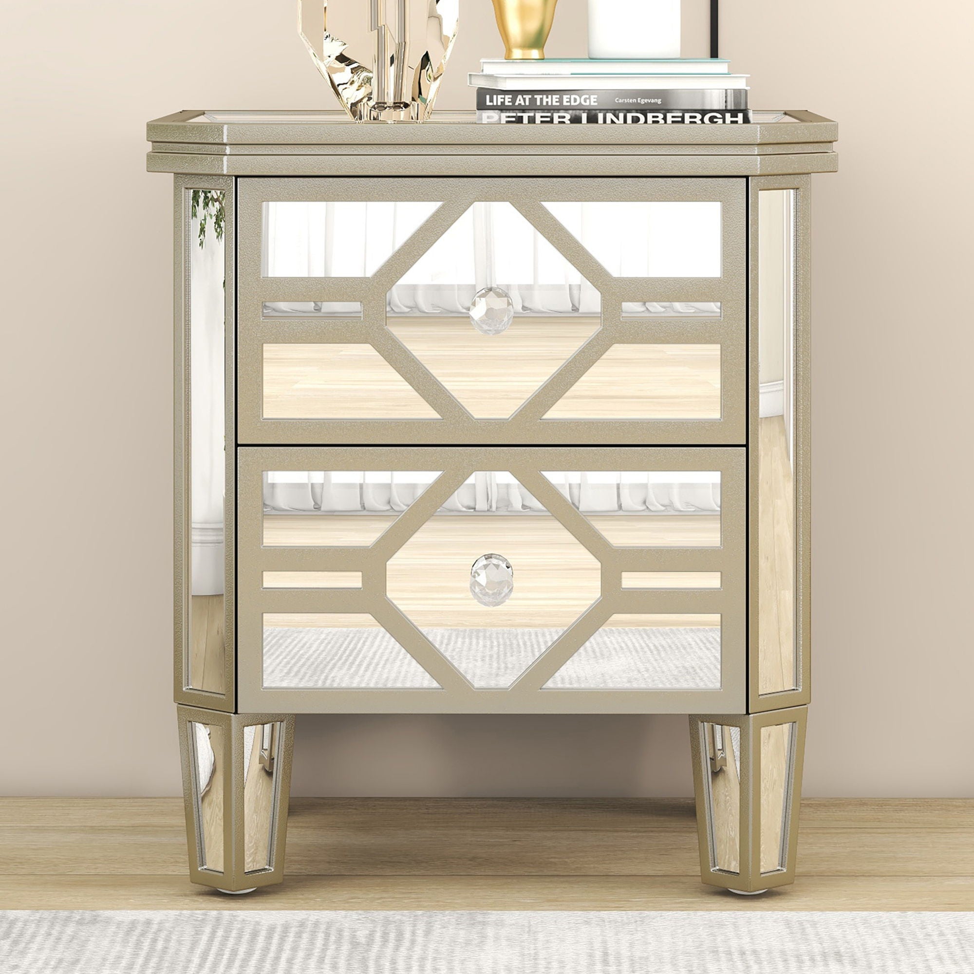 Elegant Mirrored 2-Drawer Side Table With Golden Lines For Living Room, Hallway, Entryway