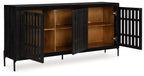 Black accent cabinet with vented slatted doors, open wooden shelves, and splayed legs