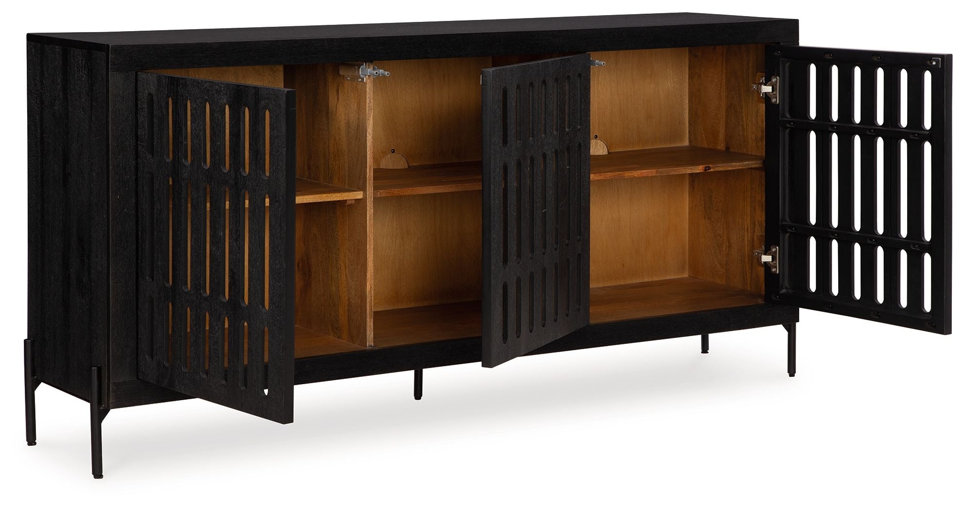 Black accent cabinet with vented slatted doors, open wooden shelves, and splayed legs