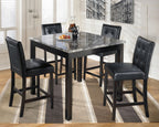 Square black counter table with glass top and 4 black cushioned bar stools.