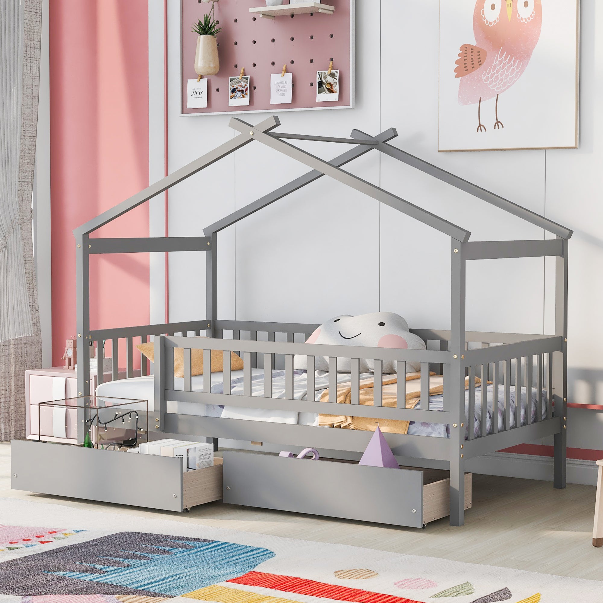 Twin Size Gray Wooden House Bed Frame with 2 Storage Drawers