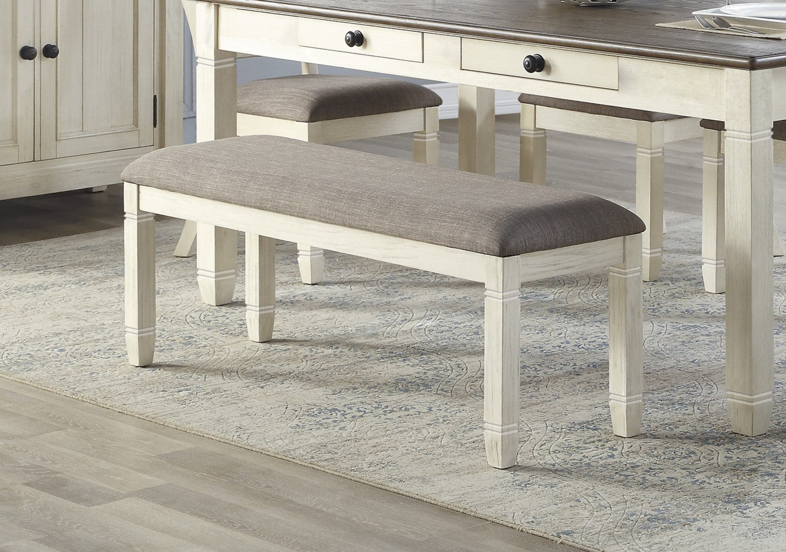 Antique White 48" Upholstered Dining Bench - Kitchen Furniture