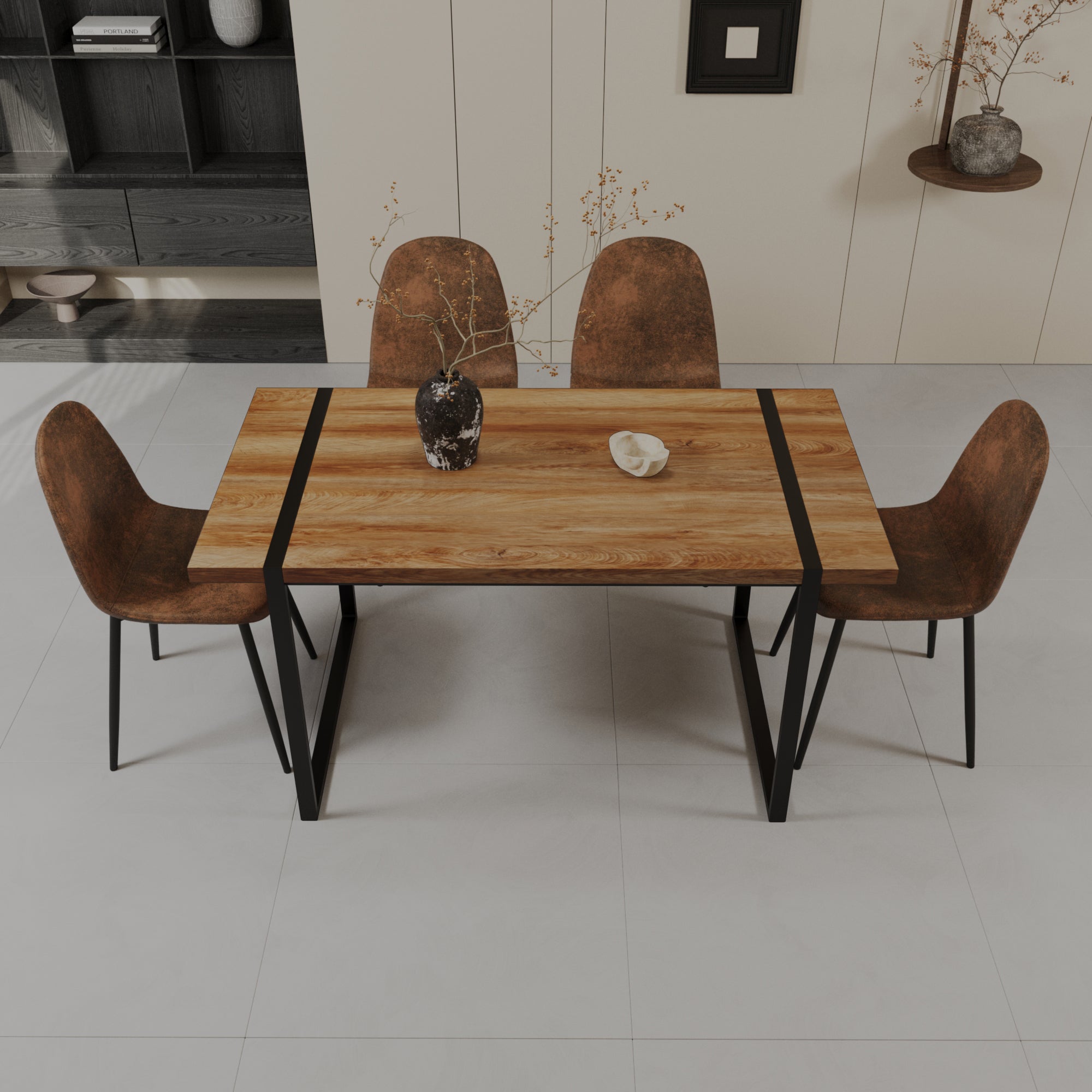 59" Modern Dining Table & 4 Suede Chairs Set