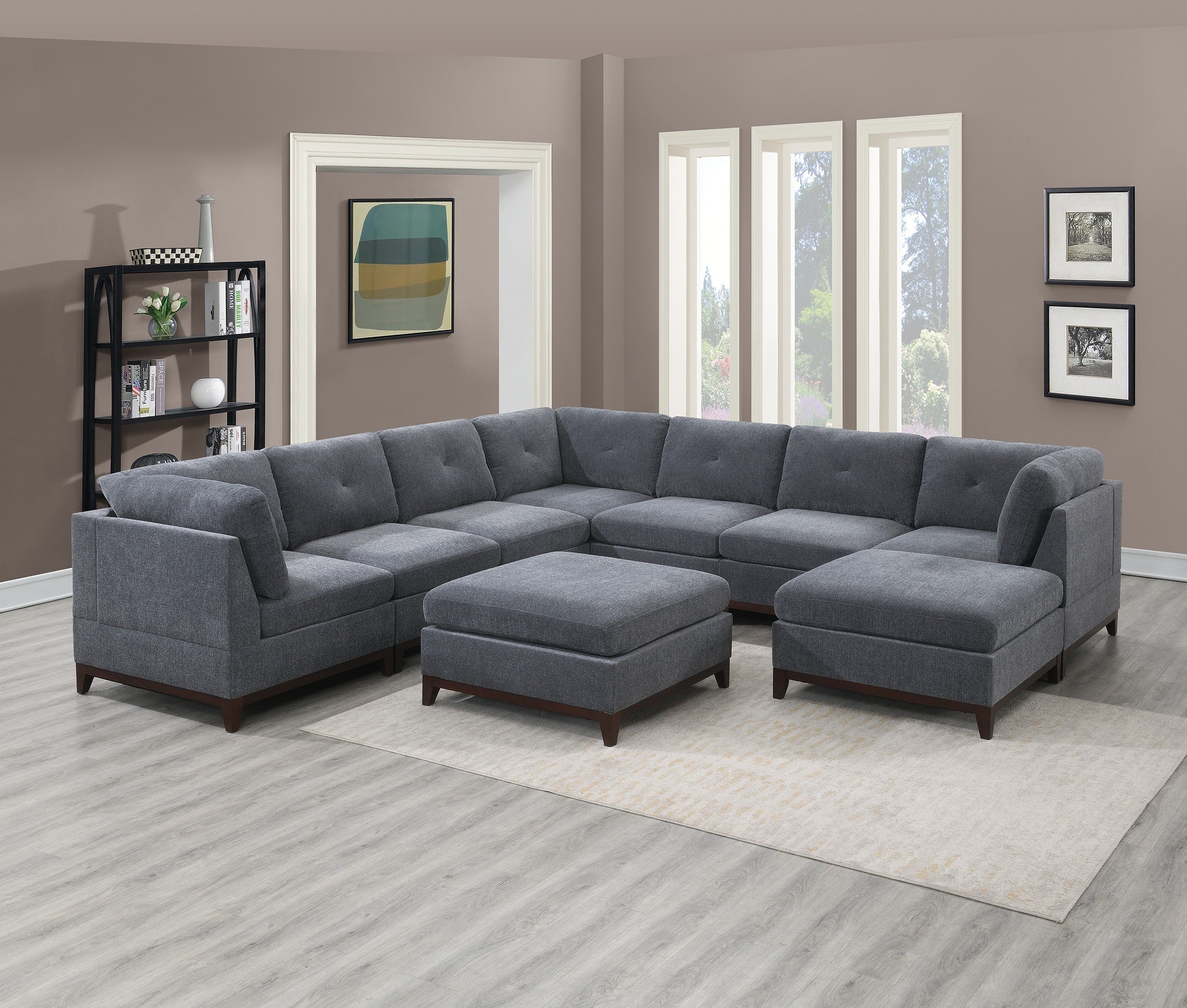 Ash Grey Chenille 9pc Modular Sectional Couch Tufted Back
