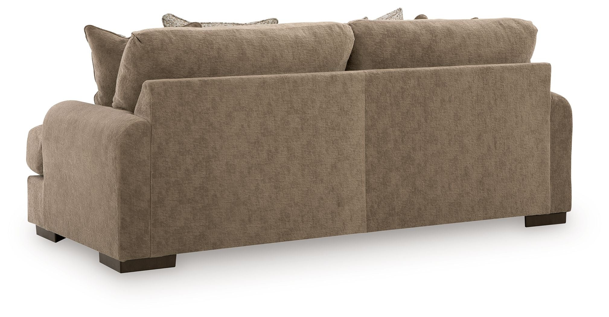 Mocha brown fabric sofa with square arms and three seat cushions