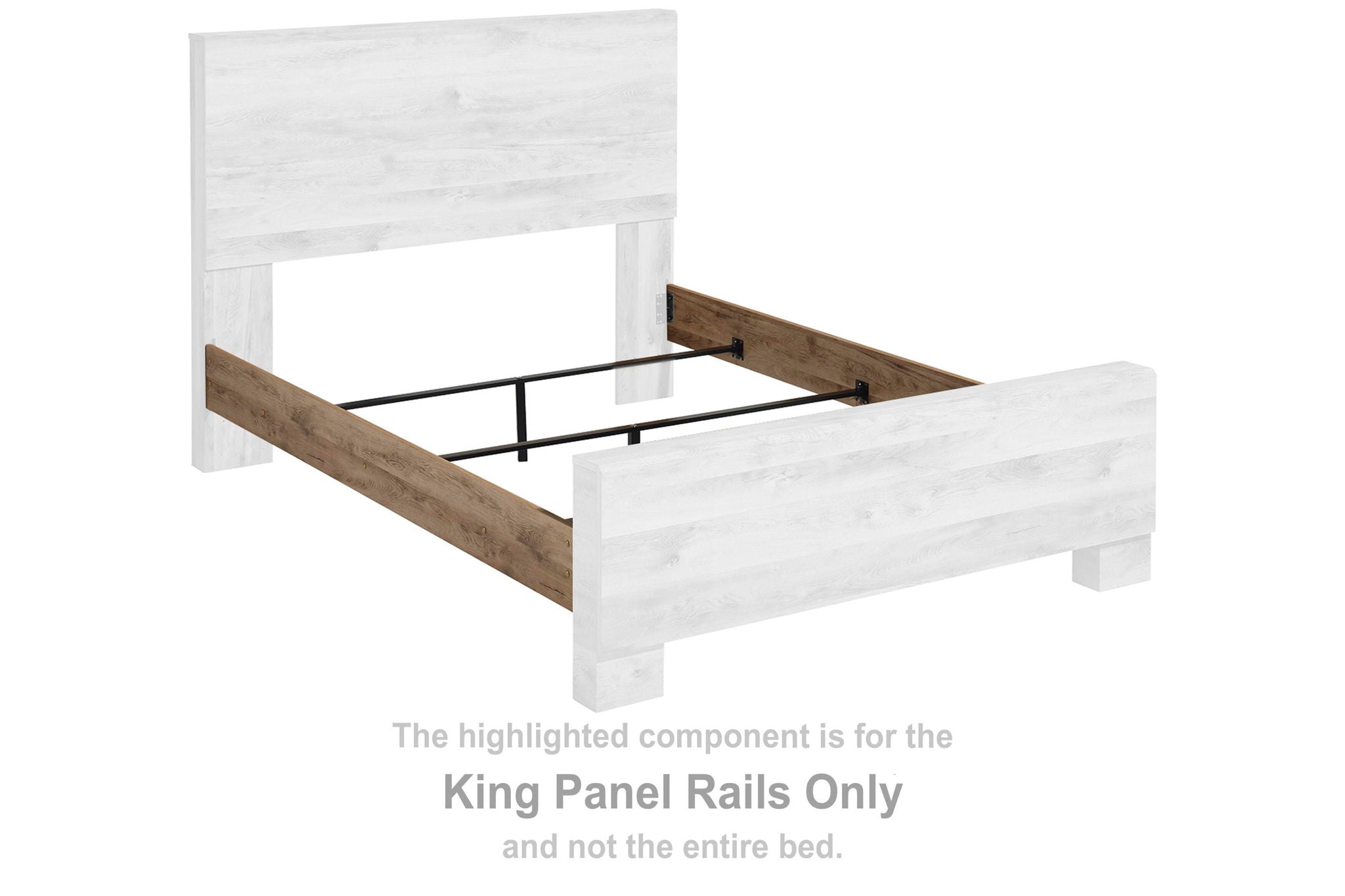 Hyanna king panel rails in tan brown, with bed rail frame details.