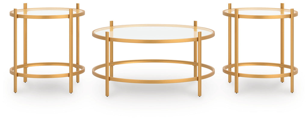 Gold occasional table set showing round coffee table and two frame side tables
