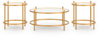 Gold occasional table set showing round coffee table and two frame side tables