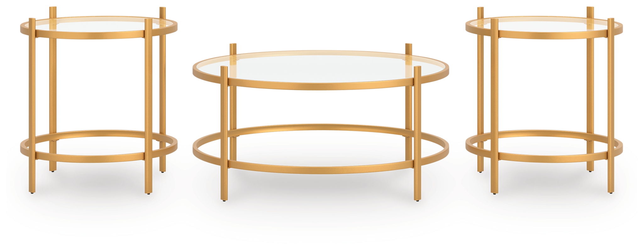 Gold occasional table set showing round coffee table and two frame side tables