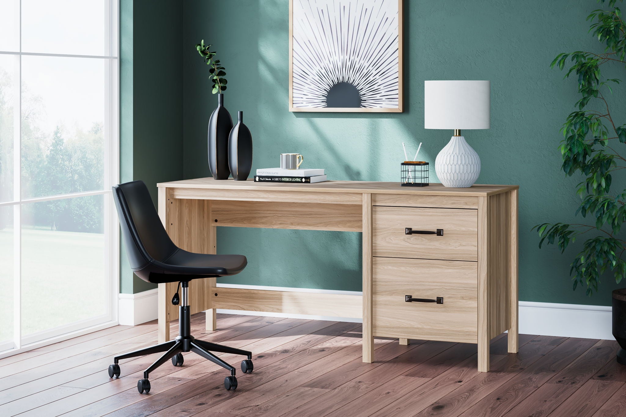 Tan home office desk with two drawers in an office workspace